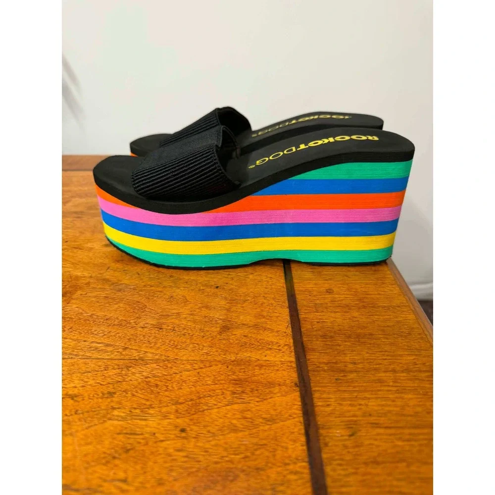 Vtg Rocket Dog 8.5  Rainbow Platform Wedge Slide Sandals Pride Chunky Striped